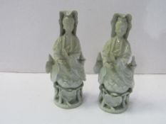 A pair of celadon female figurines, a/f, height 14cms.