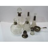 4 silver rimmed cut glass perfume bottles; a small gent's 3 handled decanter; a small perfume bottle