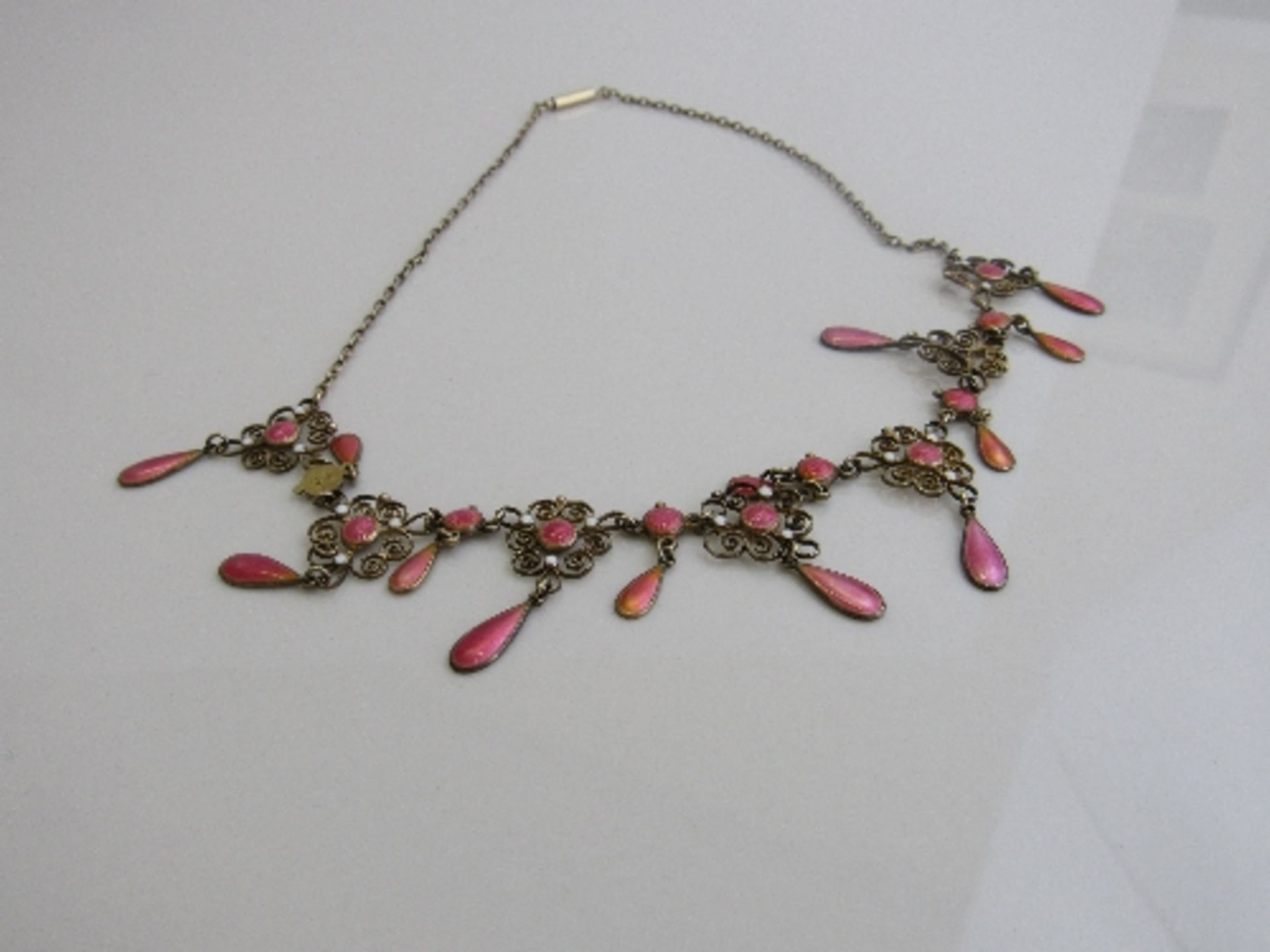 Art Nouveau Marius Hammer Norway 930 silver & pink enamel filigree drop necklace, length 42cms.