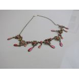 Art Nouveau Marius Hammer Norway 930 silver & pink enamel filigree drop necklace, length 42cms.