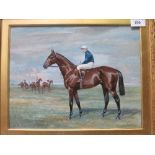 Ornate gilt framed & glazed oil on canvas of 'Sunbright' with jockey, signed