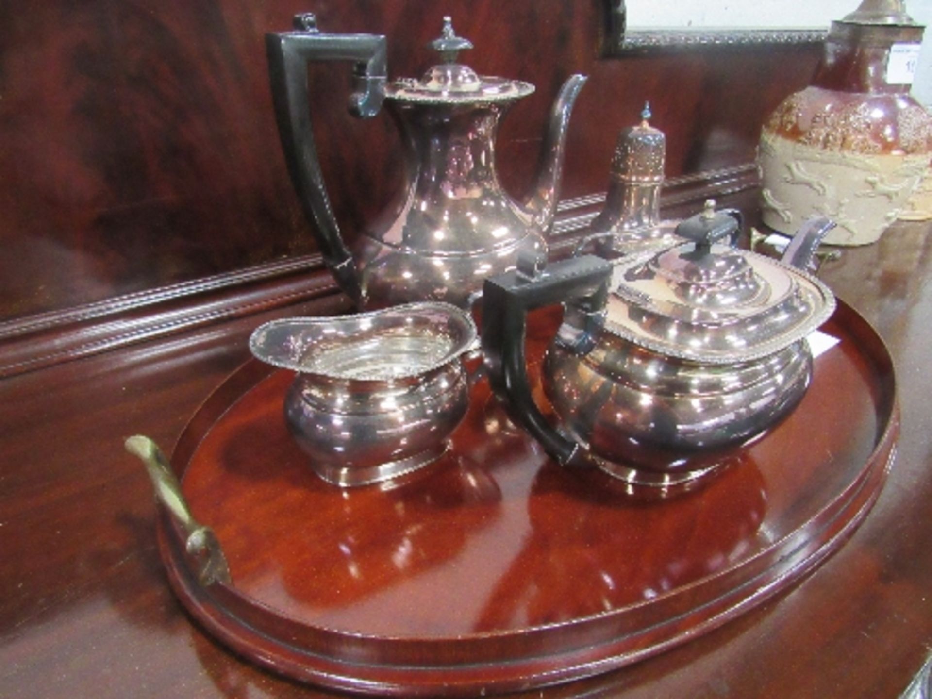 Silver plated tea service & sugar caster together with a mahogany oval shaped tray with inlay, brass - Image 4 of 4