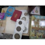 Qty of assorted coins & banknotes & a boxed set of EPNS bone-handled fish servers. Estimate £30-50