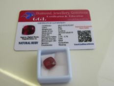 Natural cushion cut loose ruby, 9.9ct with certificate. Estimate £50-70