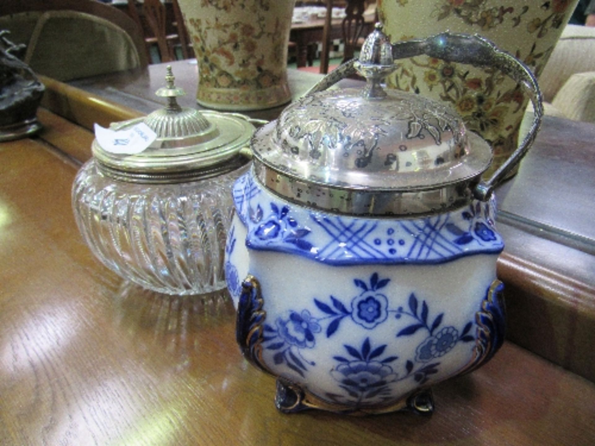 Glass biscuit barrel & a blue & white Doulton 'The Duchess' biscuit barrel. Estimate £20-30 - Image 2 of 3