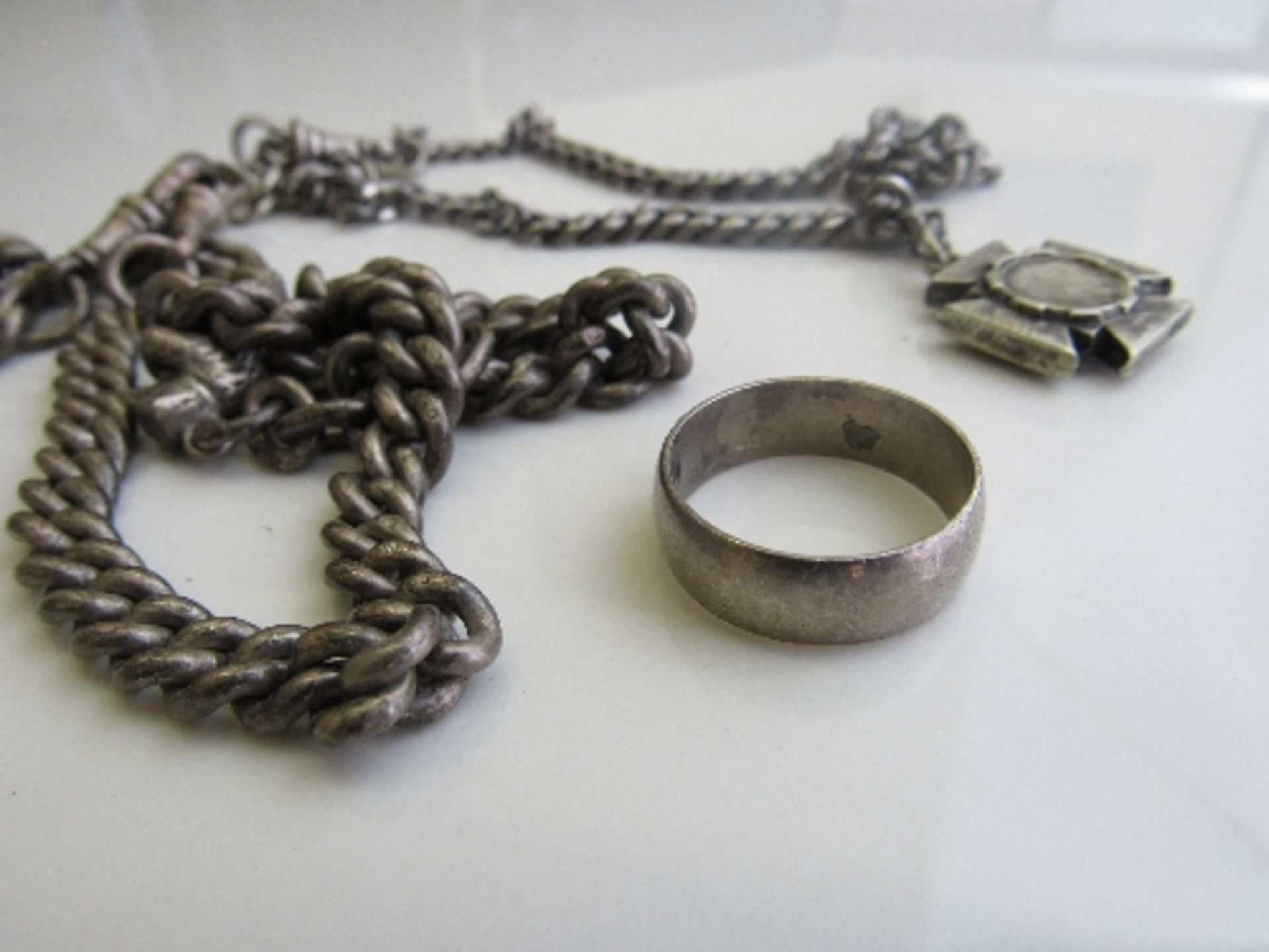 Silver chain with a silver cross; silver watch chain with a silver bear charm & a silver gent's - Image 2 of 2