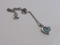 9ct white gold chain with a heart shaped topaz pendant, set in 9ct white gold, weight 2.3gms.