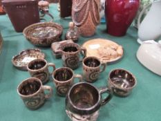 Art Pottery from Axworth, Devon, 3 various vases & 2 stoneware foot warmers. Estimate £20-30
