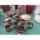 Art Pottery from Axworth, Devon, 3 various vases & 2 stoneware foot warmers. Estimate £20-30