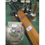 Indian silver topped ebony walking stick; cricket bat; 3 silver napkin rings; French brass ashtray