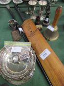 Indian silver topped ebony walking stick; cricket bat; 3 silver napkin rings; French brass ashtray