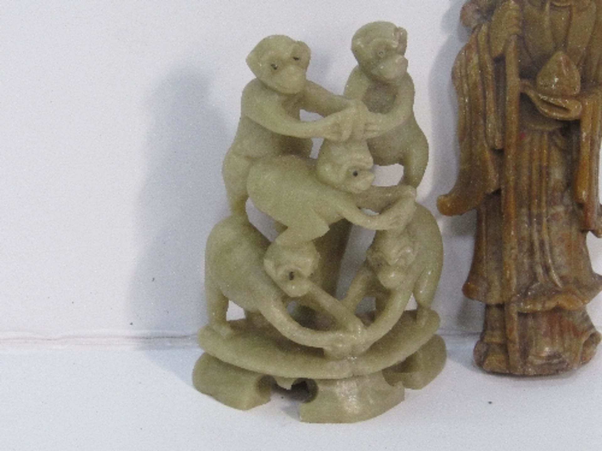 2 oriental stone carved figurines: 1 of an old gentleman & the other a group of monkeys; - Image 2 of 3
