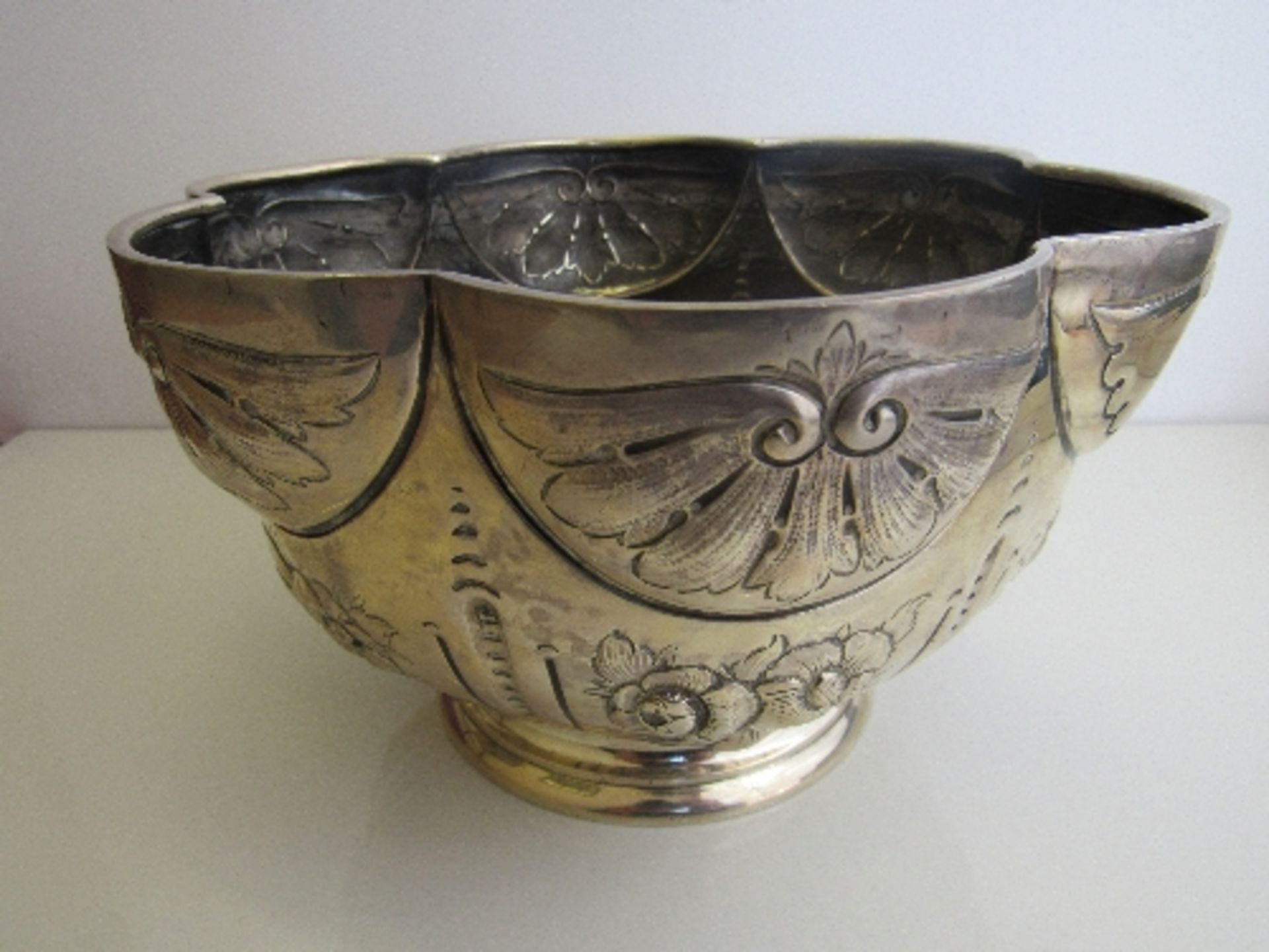 Heavily decorated punch bowl with scalloped rim, new hallmarks, height 13cms, diameter 23cms, weight - Image 2 of 4