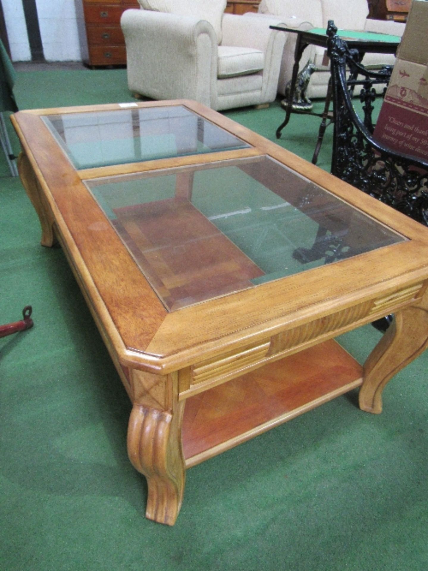 Twin glass panel coffee table with shelf beneath, 205cms x 67cms x 51cms. Estimate £20-40