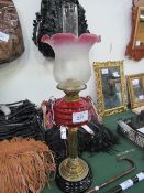 Brass & glass paraffin lamp c/w original shade & chimney, height 75cms. Estimate £40-60
