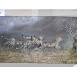 Four Running Leopards by Osborne. Framed and glazed print, signed in image. 55cm x 40cms.Estimate £