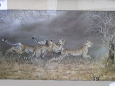 Four Running Leopards by Osborne. Framed and glazed print, signed in image. 55cm x 40cms.Estimate £