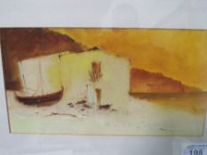 Framed & glazed watercolour of a boat & building & a framed & glazed watercolour of a lily. Estimate