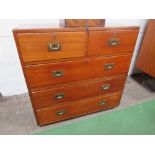 Mahogany military-style chest of 2 over 3 drawers, brass handles, divides through middle, 92cms x