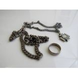 Silver chain with a silver cross; silver watch chain with a silver bear charm & a silver gent's
