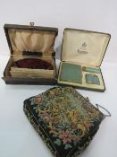 Boxed Ronson Varaflame smoker's set; small evening bag & contents & a boxed hairbrush