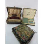 Boxed Ronson Varaflame smoker's set; small evening bag & contents & a boxed hairbrush