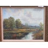 Framed oil on canvas of a river scene in landscape, signed P Bradshaw. Estimate £30-40
