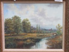 Framed oil on canvas of a river scene in landscape, signed P Bradshaw. Estimate £30-40