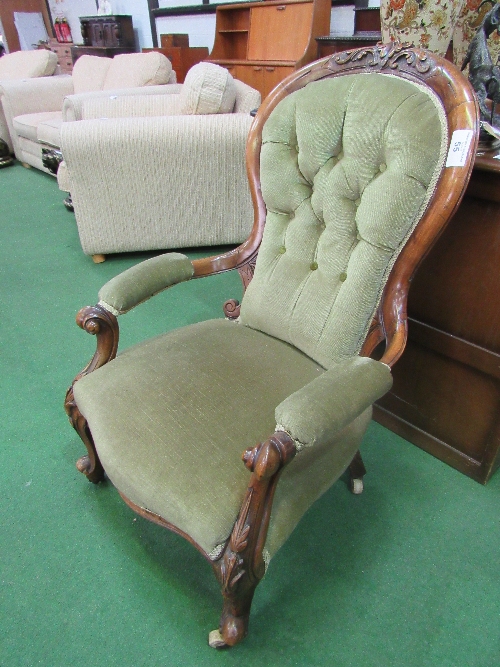 Victorian mahogany carved framed upholstered open armchair with spoon back on casters. Estimate £ - Image 3 of 3