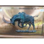 Copper 3D plaque of a wildebeest in wooden frame, from Rhodesia, 1969. Estimate £20-30