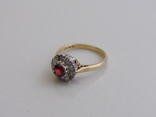 18ct gold ring set with a single red stone & surround by diamonds, size N, weight 3.6gms. - Image 2 of 2