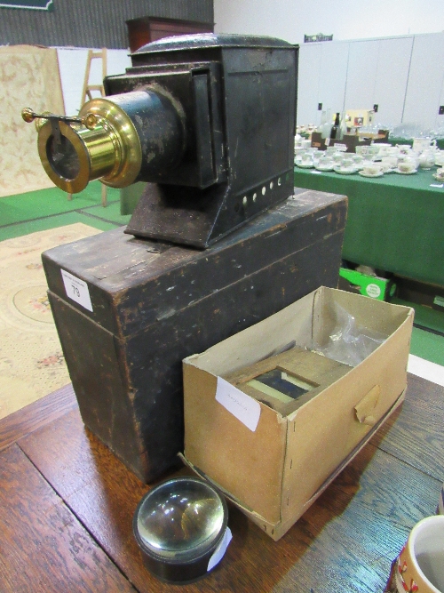 Victorian magic lantern c/w box (oil lamp missing) together with qty of slides. Estimate £30-50