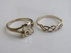 9ct gold band, size M, weight 0.8gms & a I Heart You ring with small diamond, size M, weight 1.9gms.