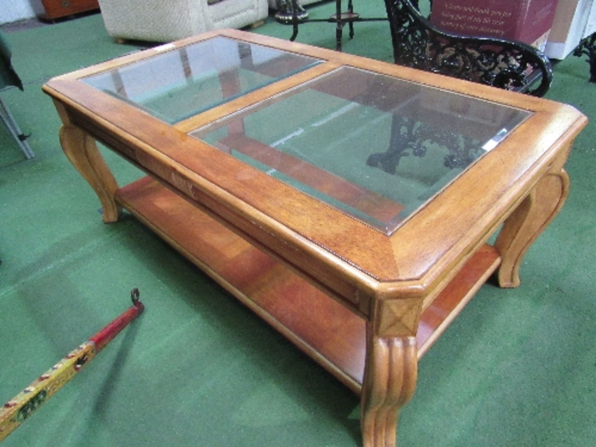 Twin glass panel coffee table with shelf beneath, 205cms x 67cms x 51cms. Estimate £20-40 - Image 2 of 3
