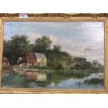Gilt framed oil on canvas of lakeside scene with dwellings, by E H Nibbs (?), 65cms x 90cms.