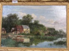 Gilt framed oil on canvas of lakeside scene with dwellings, by E H Nibbs (?), 65cms x 90cms.