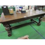 Oak refectory-style table with centre stretcher on 4 turned legs, 183cms x 91cms x 75cms.