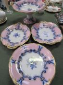Pink, blue & gold decorated china: 6 plates, 2 servers & comport dish (a/f)