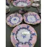 Pink, blue & gold decorated china: 6 plates, 2 servers & comport dish (a/f)