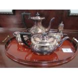 Silver plated tea service & sugar caster together with a mahogany oval shaped tray with inlay, brass