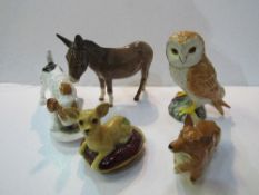 Beswick - Corgi, owl, donkey, dog on cushion, and Royal Doulton terrier. Est 25-35