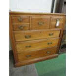 Edwardian-style mahogany chest of drawers with brass drop handles, 5 drawers over 3 long graduated