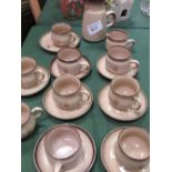 Denby coffee pot and Denby tea cups and saucers. Est 20-30