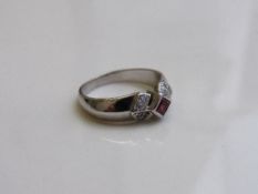 9ct white gold Princess cut ruby & diamond ring, size O, weight 5.2gms. Estimate £225-250