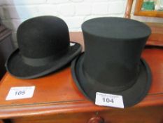 Vintage G.Dunn & Co. black bowler hat together with a Christie & Co. collapsible black top hat.
