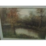 Gilt framed oil on canvas of Italian wood & lake scene signed by the artist, 75 x 95cms. Estimate £