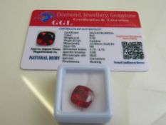 Cushion cut loose red ruby, 9.90ct with certificate. Estimate £40-50