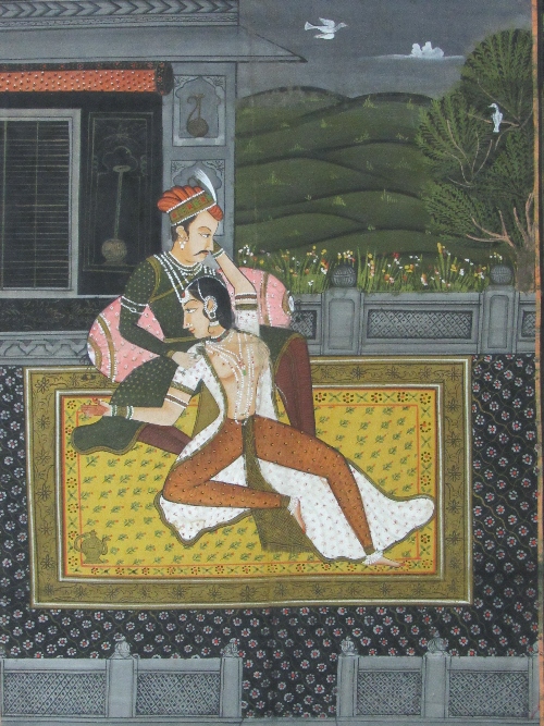 Large hand-painted silk Hareem scene, 86 x 56cms. Estimate £50-60