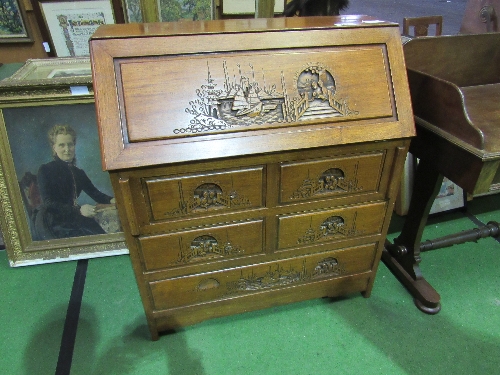 Oak bureau with oriental scene carved decoration, 4 over 1, 92 x 45 x 104cms. Estimate £30-50