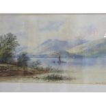 Framed & glazed watercolour of mountain, lake & boat scene signed Edwin Earp. Estimate £40-50